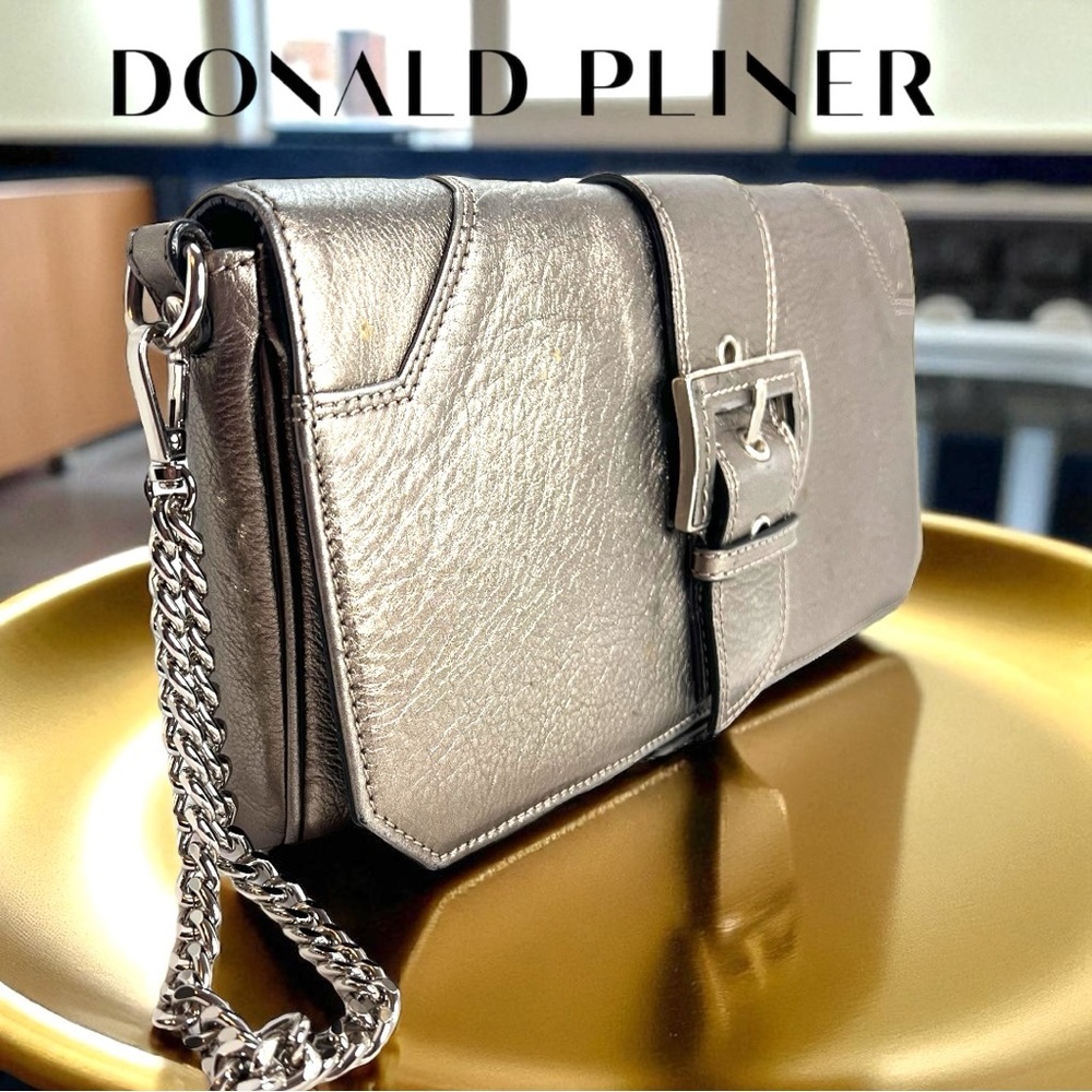 Donald J. Pliner Metallic Silver Leather Chain Clutch